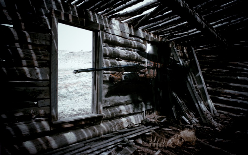 The translucent ghost of an outlaw cowboy shooting through the window of a derelict log cabin