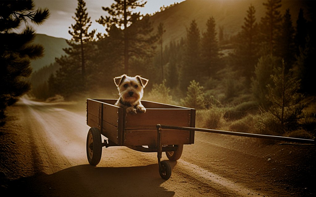 A cute little dog riding in a trailer on a dirt road in the mountains