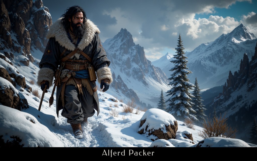 A mountain man walking through the snow in the mountains