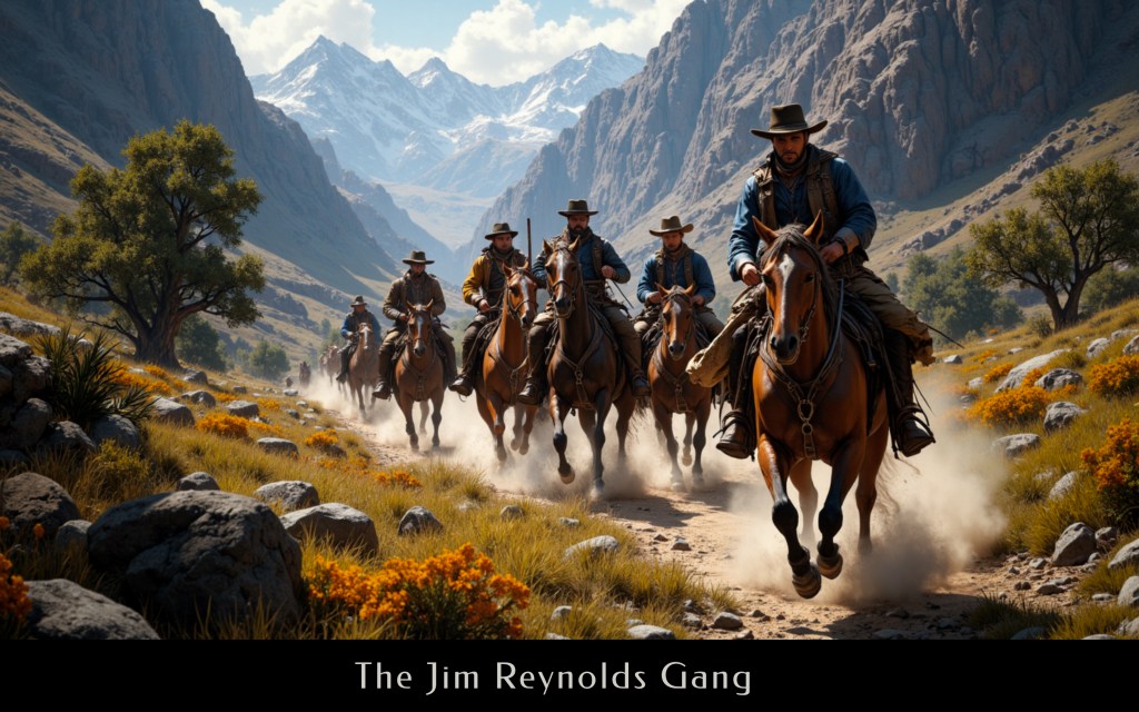 An Old West outlaw gangs rides their horses through a mountain valley.