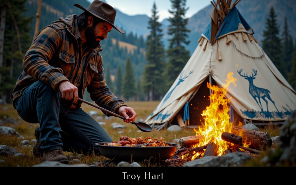 A man cooking over a campfire in the mountains