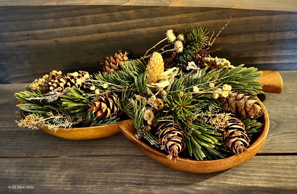 winter woodland basket with pine cones, evergreen, and dried flowers